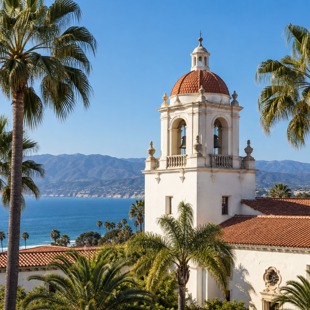 Spanish-style courthouse bell tower framed by palm trees with the ocean and mountains behind