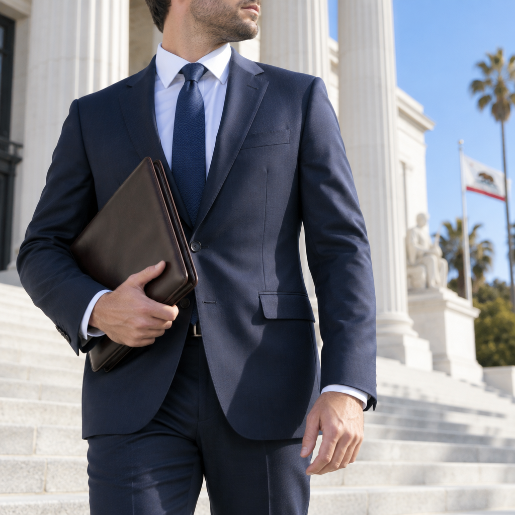 Process server in a navy suit holding a leather document folio on courthouse steps